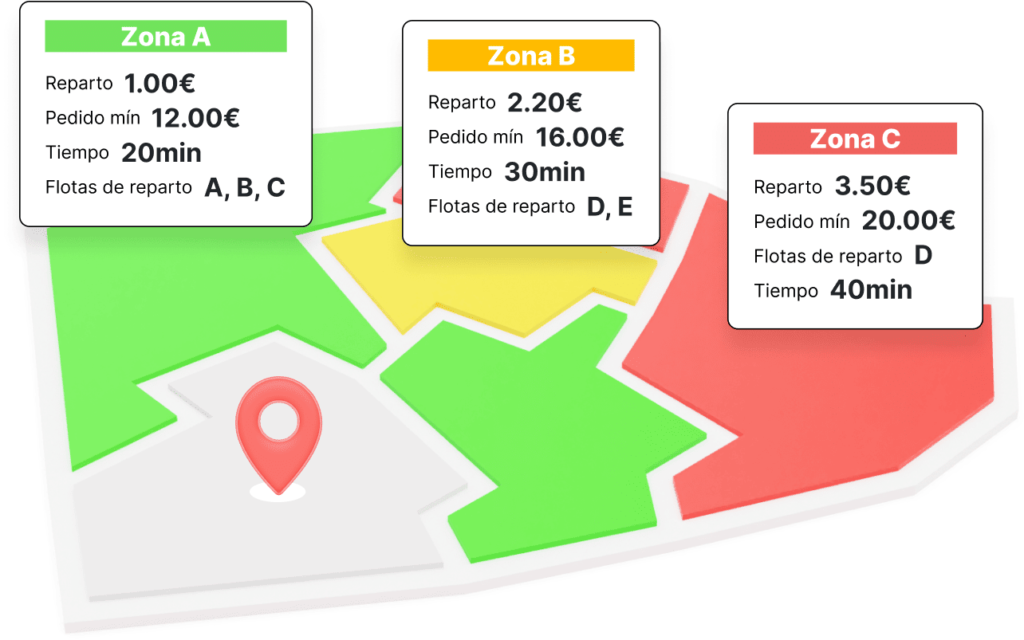 Mapa de áreas de reparto con tarifas y tiempos de entrega diferenciados por zona.